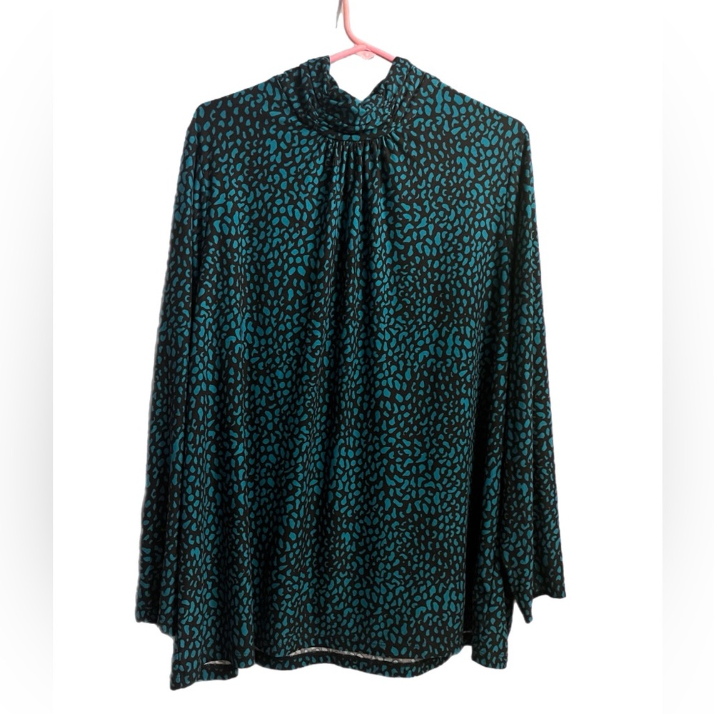 Susan Graver Liquid Knit Ruched Neck Tunic Top 3/4 sleeves size 2x black teal